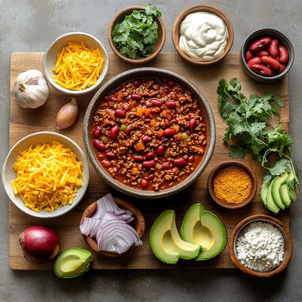 A clean, centered hero view of the ingredients laid out for The Best Chili Recipe.