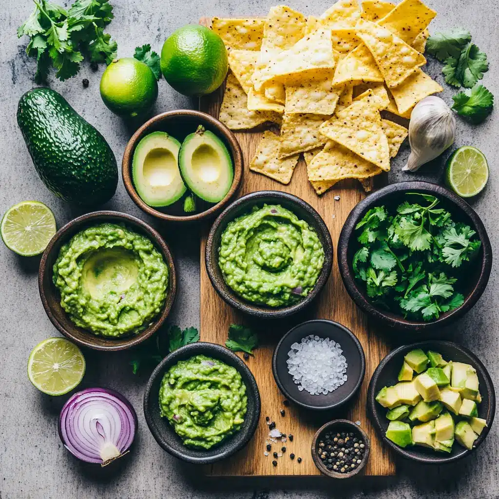 The Best Guacamole Recipe Easy and Delicious 4 Ingredients laid out for the best guacamole recipe, centered hero view, clean and uncluttered