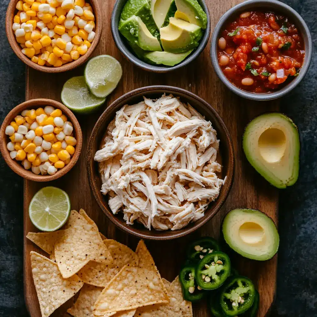 Close-up of fresh ingredients for The BEST White Chicken Chili Recipe, including chicken breast, white beans, green chiles, and spices, laid out on a clean surface.