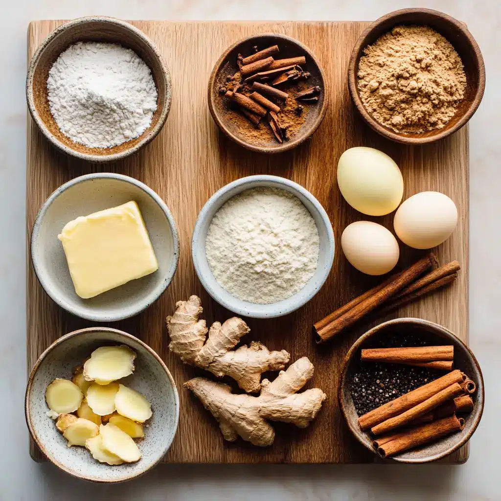 The Perfect Soft Gingerbread Cookies Guaranteed Enjoy 5 Flatlay image showing gingerbread cookie ingredients including flour, molasses, spices, and butter