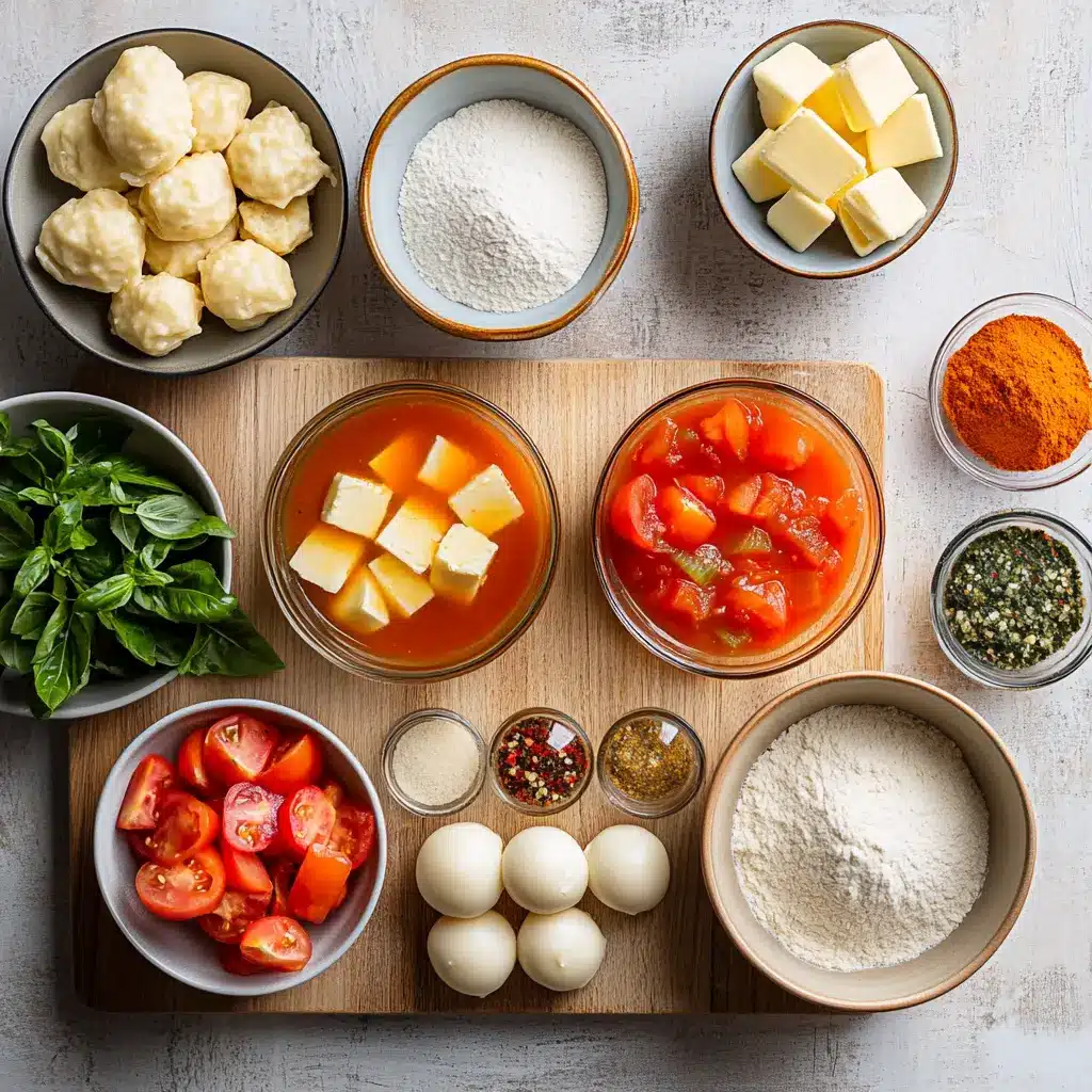 Ingredients laid out for tomato soup with cheddar bay dumplings on a clean kitchen counter