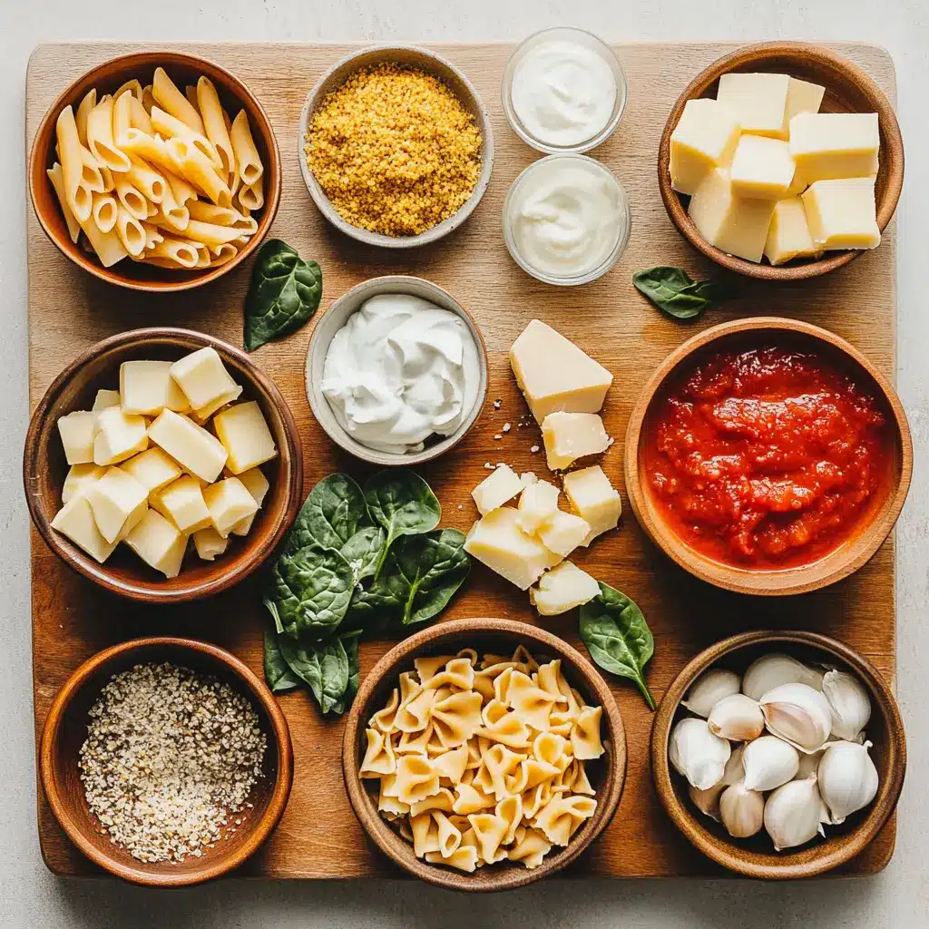 Vibrant ingredients for Tomato Spinach Chicken Pasta laid out, clean and inviting
