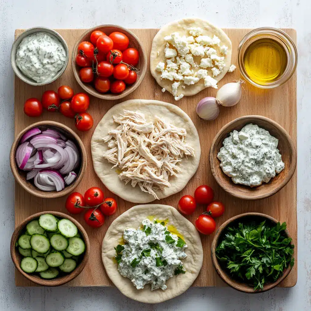 Tzatziki Chicken Pizza: Delicious and Easy Recipe 5 Overhead view of tzatziki chicken pizza ingredients prepped and ready to assemble