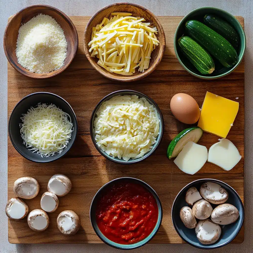 Zucchini Pizza Casserole Easy Delicious Comfort Food 5 Ingredients laid out for making Zucchini Pizza Casserole including shredded zucchini, cheese, sauce, and ground meat