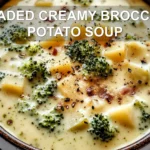 LOADED CREAMY BROCCOLI POTATO SOUP centered hero view, clean and uncluttered