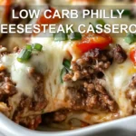 LOW CARB PHILLY CHEESESTEAK CASSEROLE centered hero view, clean and uncluttered