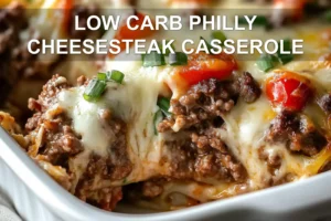 LOW CARB PHILLY CHEESESTEAK CASSEROLE centered hero view, clean and uncluttered