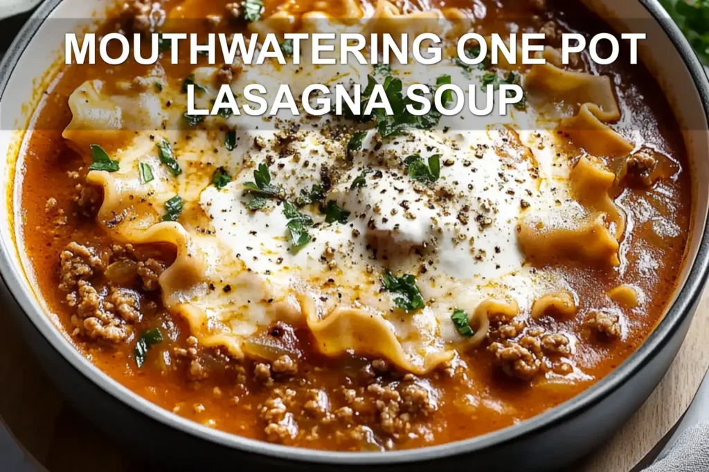 MOUTHWATERING ONE POT LASAGNA SOUP centered hero view, clean and uncluttered