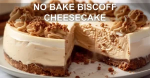 NO BAKE BISCOFF CHEESECAKE centered hero view, clean and uncluttered