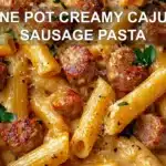 ONE POT CREAMY CAJUN SAUSAGE PASTA centered hero view, clean and uncluttered