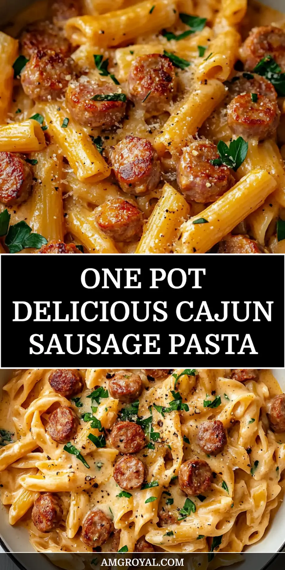 Pin this recipe: A beautifully plated One-Pot Creamy Cajun Sausage Pasta, garnished with fresh parsley