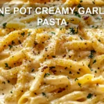 ONE POT CREAMY GARLIC PASTA centered hero view, clean and uncluttered