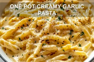ONE POT CREAMY GARLIC PASTA centered hero view, clean and uncluttered