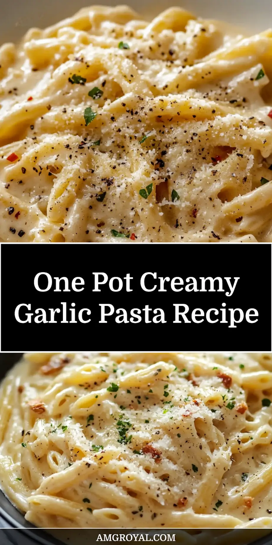 Vertical shot of a serving of One-Pot Creamy Garlic Pasta, topped with fresh parsley and black pepper, perfect for Pinterest.