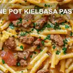 ONE POT KIELBASA PASTA centered hero view, clean and uncluttered