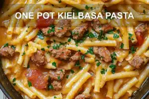 ONE POT KIELBASA PASTA centered hero view, clean and uncluttered