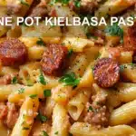ONE POT KIELBASA PASTA centered hero view, clean and uncluttered