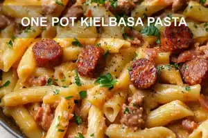 One Pot Kielbasa Pasta Quick and Delicious Recipe ONE POT KIELBASA PASTA centered hero view, clean and uncluttered
