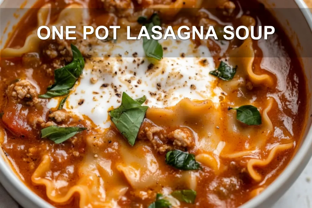 ONE POT LASAGNA SOUP centered hero view, clean and uncluttered
