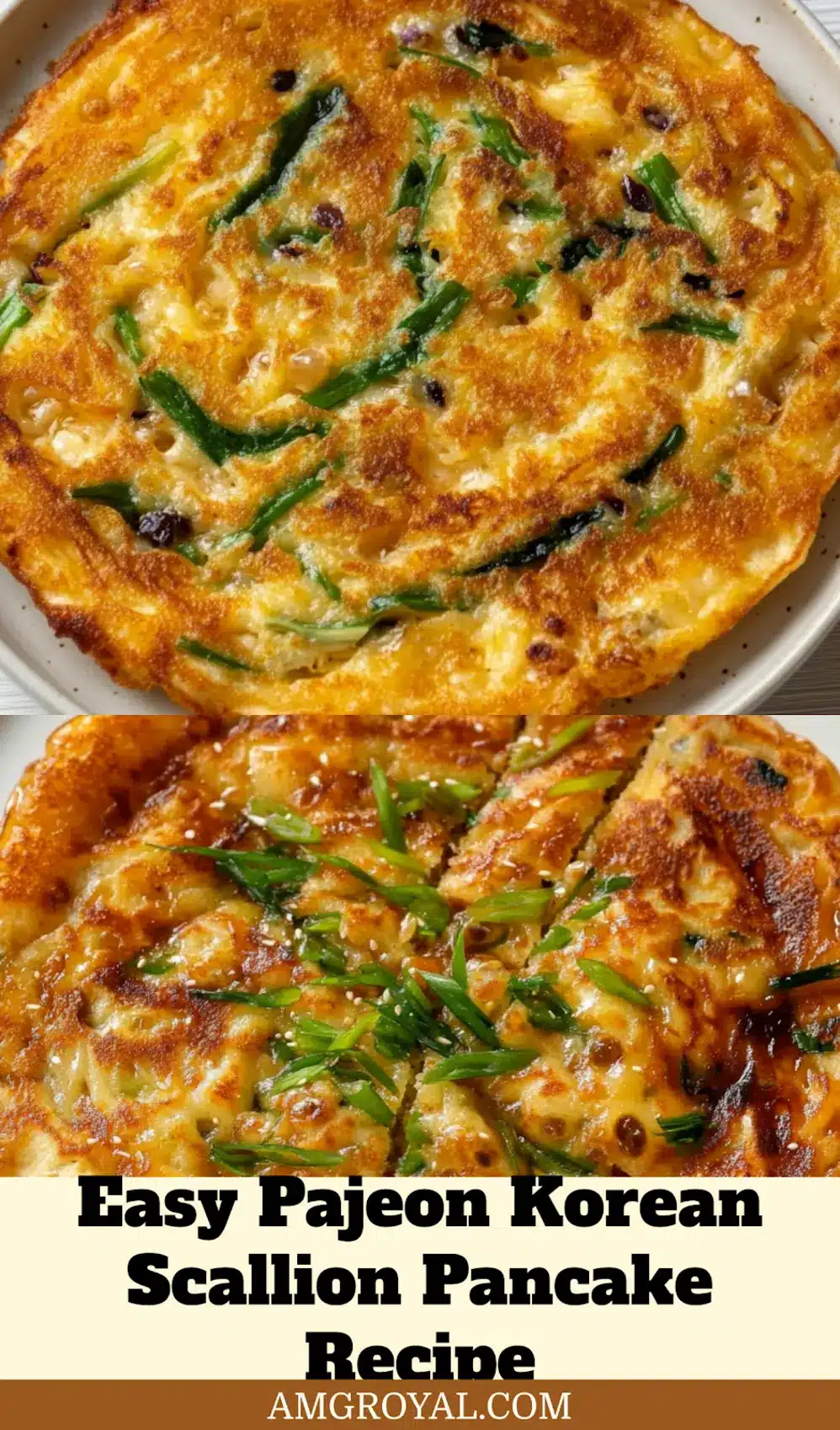 Crispy golden Pajeon Korean Scallion Pancake, cut into triangular pieces and served with a small bowl of dipping sauce, garnished with sesame seeds and fresh scallions.