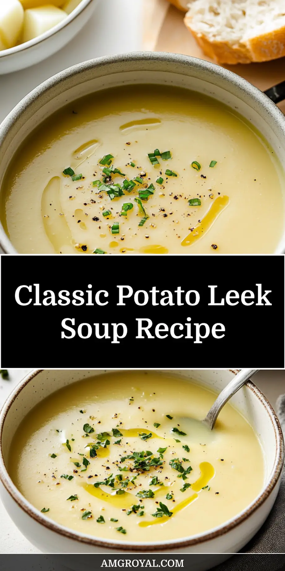 Potato Leek Soup Comforting Easy to Make Recipe 7 Pin-worthy image of a bowl of creamy Potato Leek Soup garnished with chives