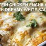 PROTEIN CHICKEN ENCHILADAS WITH DREAMY WHITE SAUCE centered hero view, clean and uncluttered