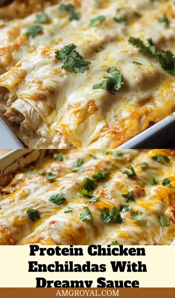 PROTEIN CHICKEN ENCHILADAS WITH DREAMY WHITE SAUCE centered hero view, clean and uncluttered