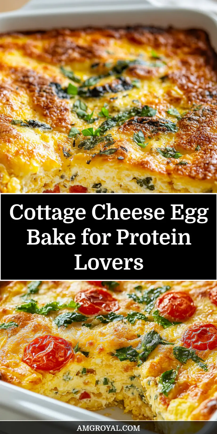 Finished slice of protein-packed cottage cheese egg bake on a plate with fresh basil garnish