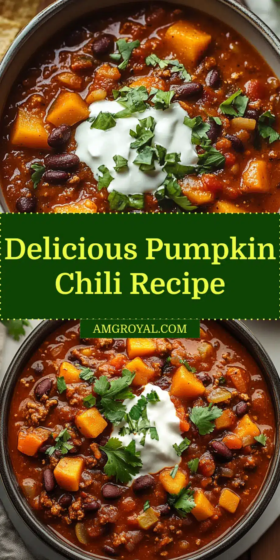 Overhead shot of a vibrant bowl of pumpkin chili next to a slice of cornbread, ideal for an autumn meal.