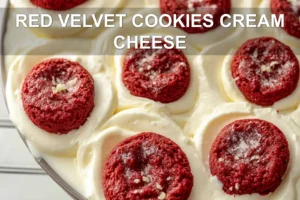Red Velvet Cookies Cream Cheese Delight Recipe RED VELVET COOKIES CREAM CHEESE centered hero view, clean and uncluttered