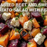 ROASTED BEET AND SWEET POTATO SALAD WITH FETA centered hero view, clean and uncluttered