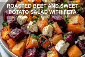 Roasted Beet and Sweet Potato Salad with Feta Secrets ROASTED BEET AND SWEET POTATO SALAD WITH FETA centered hero view, clean and uncluttered