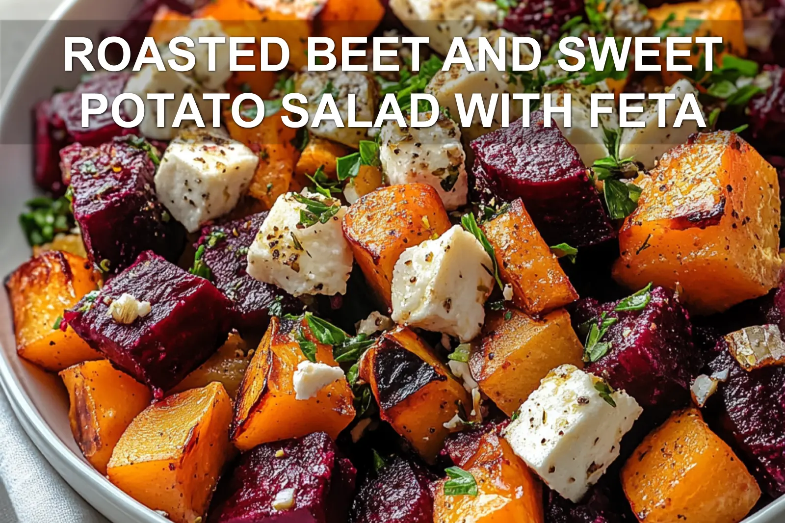 ROASTED BEET AND SWEET POTATO SALAD WITH FETA centered hero view, clean and uncluttered