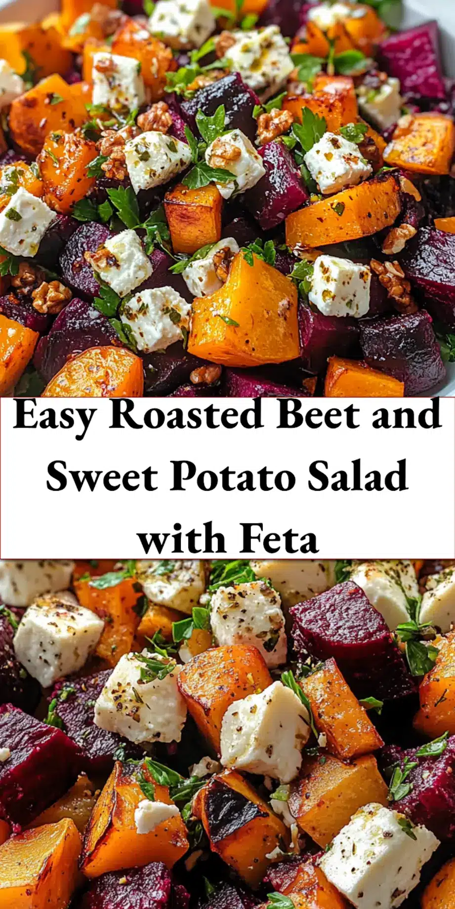 Pin-worthy image of roasted beet and sweet potato salad with feta, perfect for social sharing.