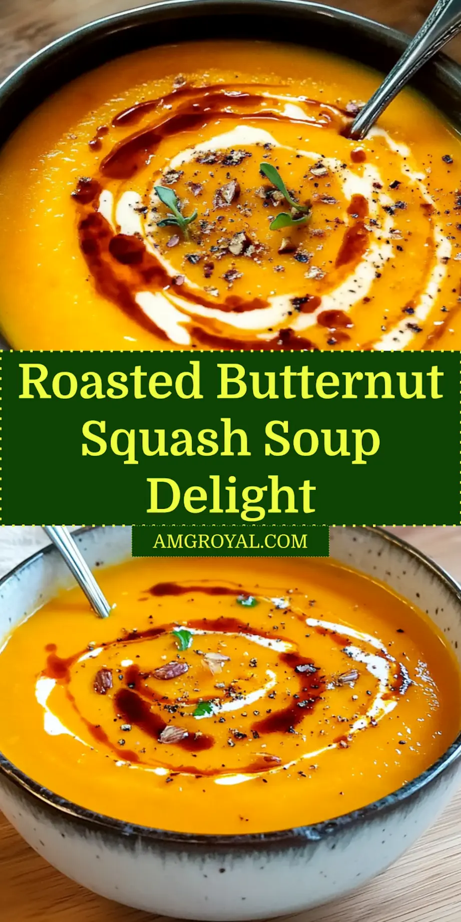 Roasted Butternut Squash Soup Comforting Easy Recipe 6 A warm bowl of velvety roasted butternut squash soup, garnished with fresh herbs and a swirl of coconut cream, perfect for a cozy fall meal.