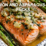SALMON AND ASPARAGUS FOIL PACKS centered hero view, clean and uncluttered