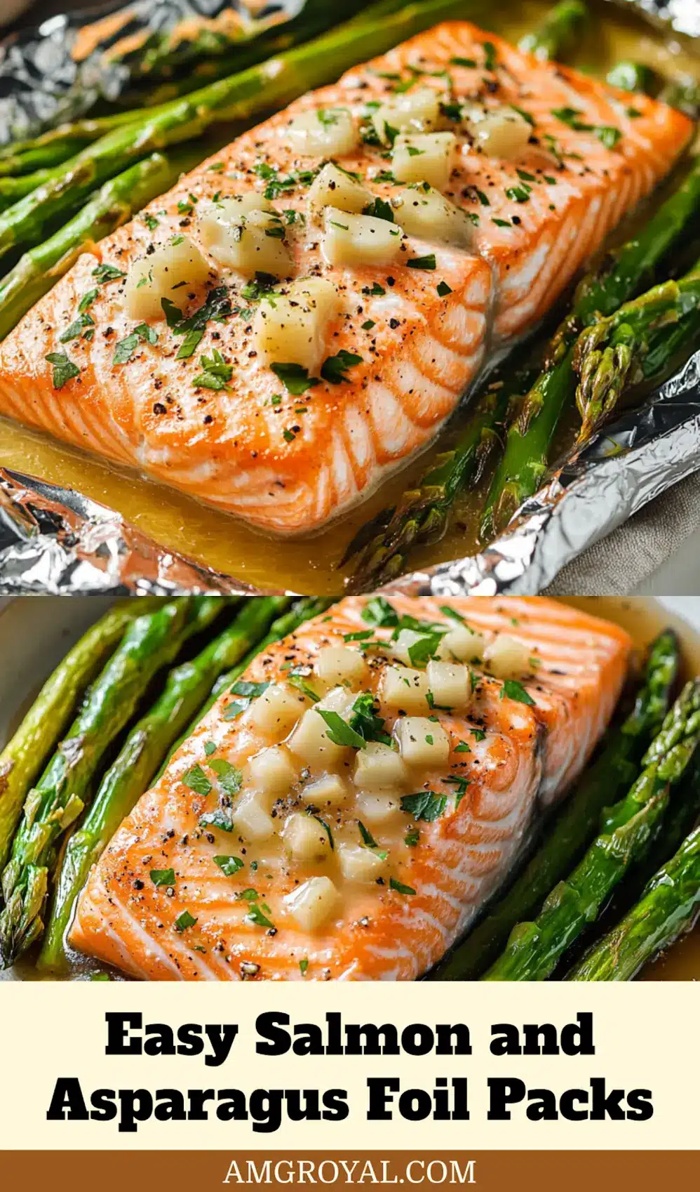 Plated salmon and asparagus foil pack, unwrapped to reveal tender salmon, crisp-tender asparagus, and lemon slices, ready to eat.