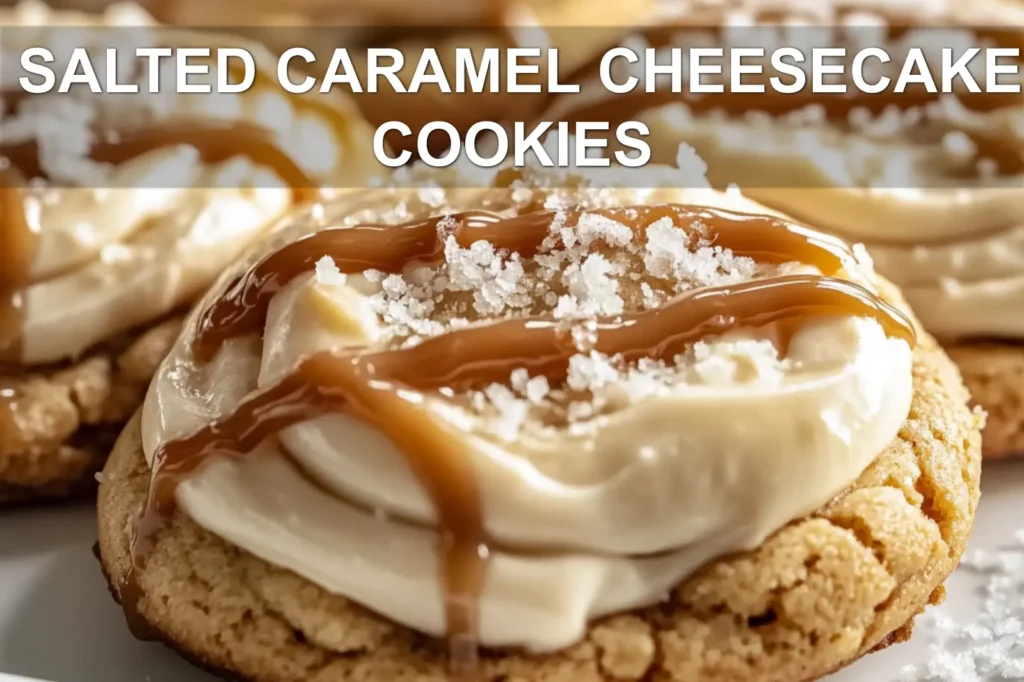 SALTED CARAMEL CHEESECAKE COOKIES centered hero view, clean and uncluttered