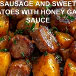 SAUSAGE AND SWEET POTATOES WITH HONEY GARLIC SAUCE centered hero view, clean and uncluttered