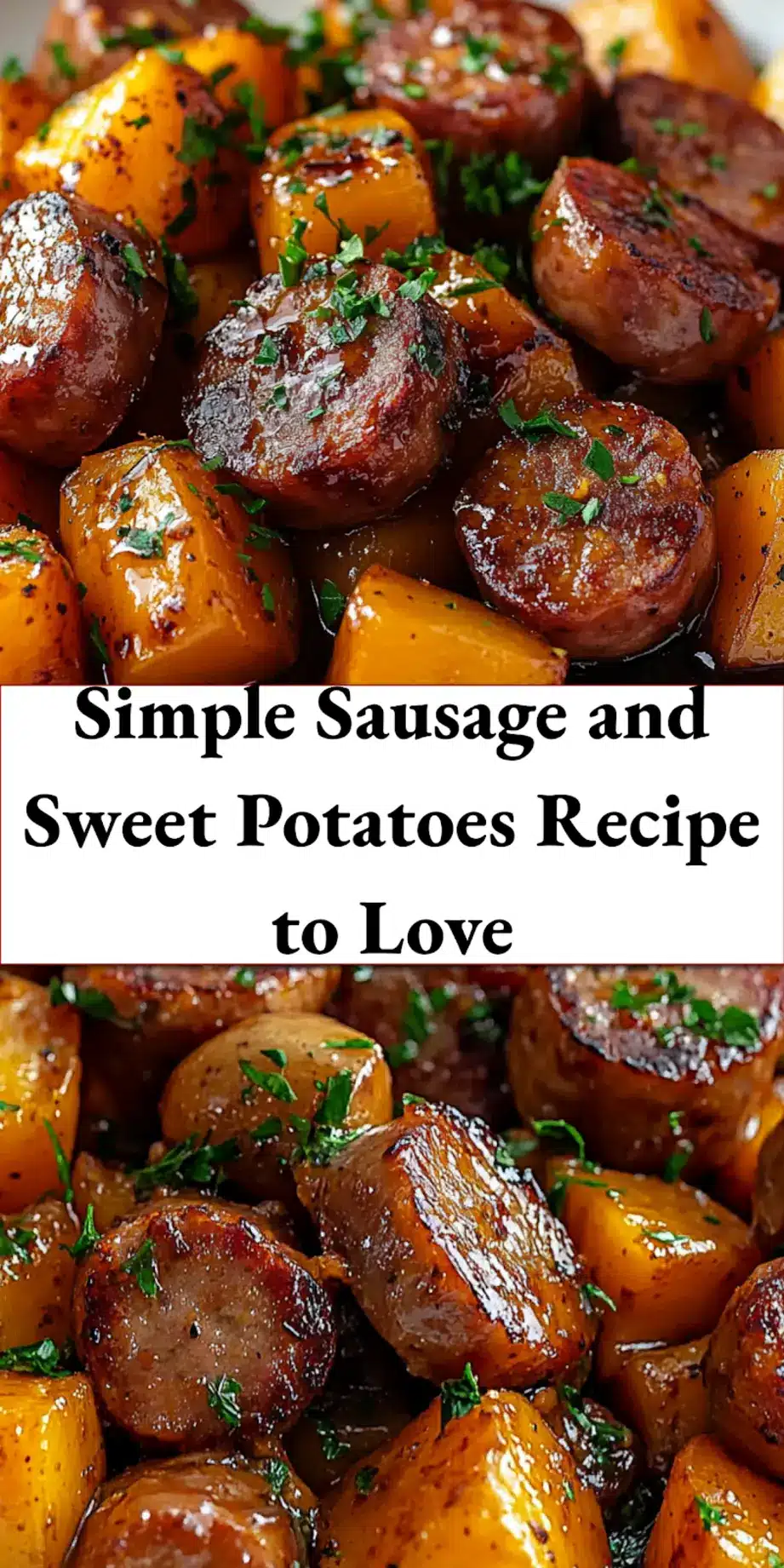 A styled pin image of sausage and sweet potatoes with sticky honey garlic glaze