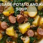 SAUSAGE POTATO AND KALE SOUP centered hero view, clean and uncluttered