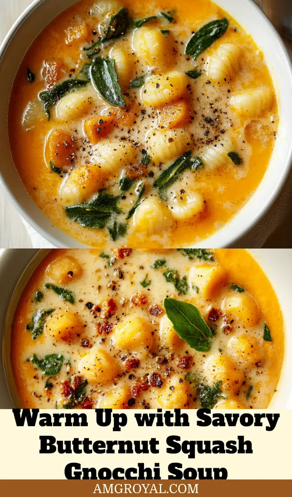 Savory Butternut Squash Gnocchi Soup: Easy and Delicious 7 Close-up of a bowl of Savory Butternut Squash Gnocchi Soup, showcasing its creamy texture and gnocchi, perfect for a Pinterest pin.