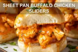 SHEET PAN BUFFALO CHICKEN SLIDERS centered hero view, clean and uncluttered
