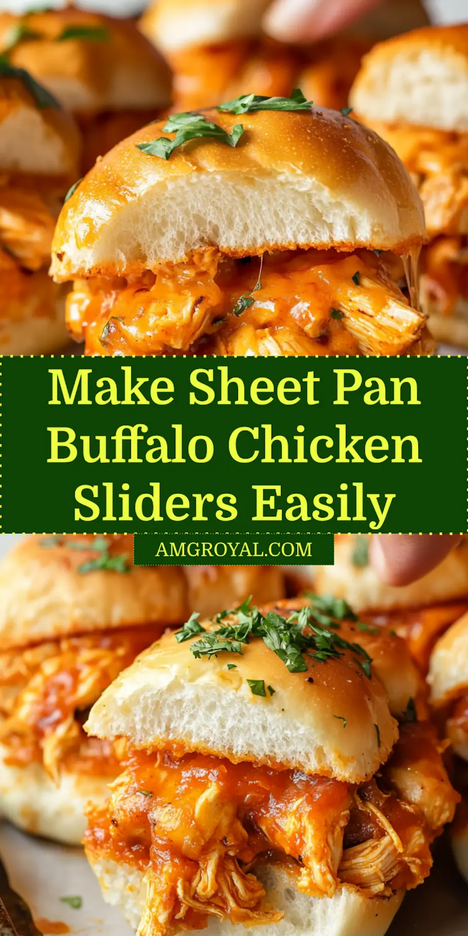SHEET PAN BUFFALO CHICKEN SLIDERS recipe pin image, showing assembled sliders ready for serving.