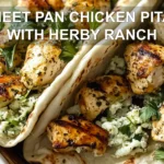 SHEET PAN CHICKEN PITAS WITH HERBY RANCH centered hero view, clean and uncluttered