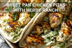 Sheet Pan Chicken Pitas with Herby Ranch - Easy and Delicious SHEET PAN CHICKEN PITAS WITH HERBY RANCH centered hero view, clean and uncluttered