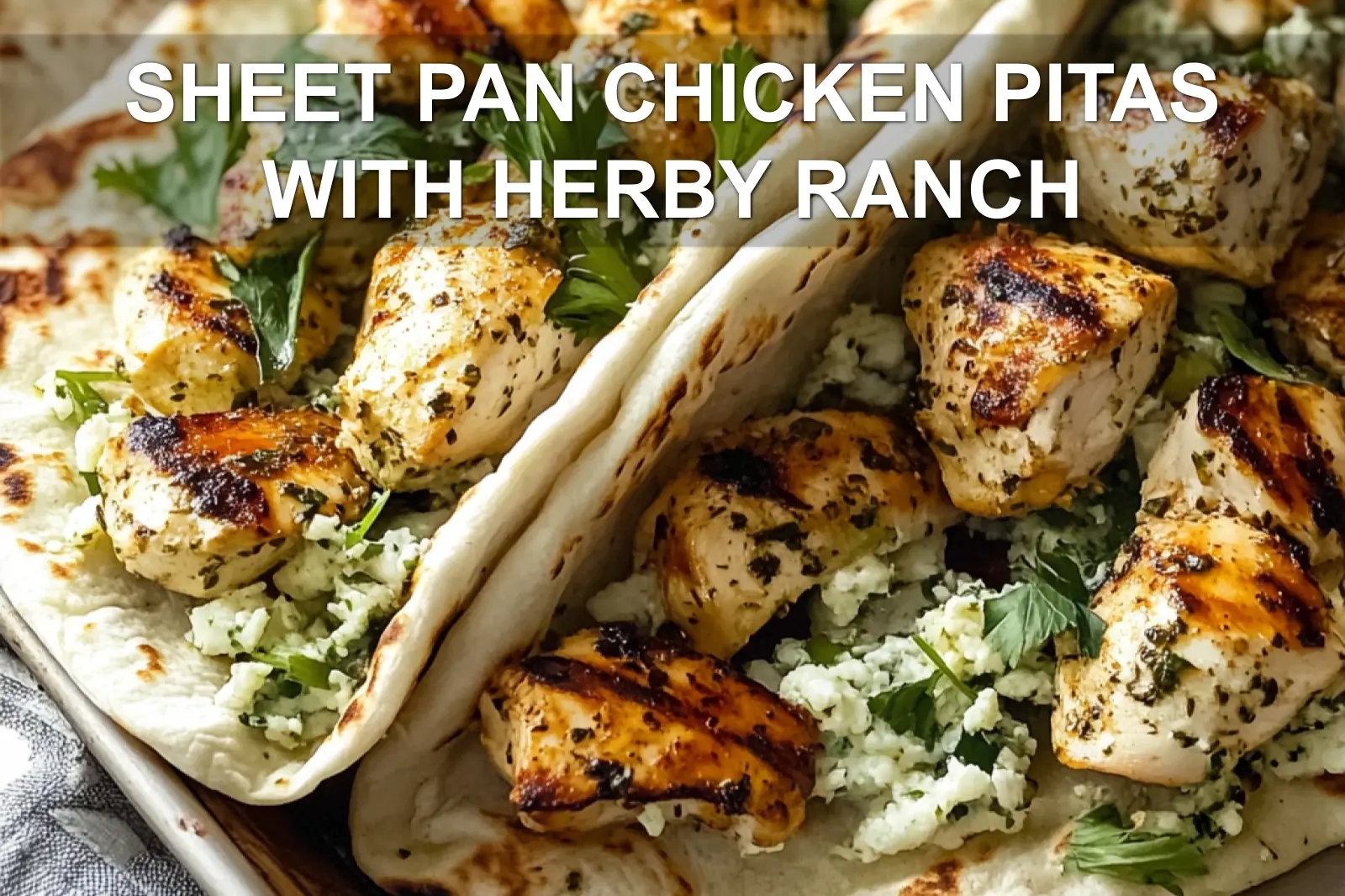 SHEET PAN CHICKEN PITAS WITH HERBY RANCH centered hero view, clean and uncluttered