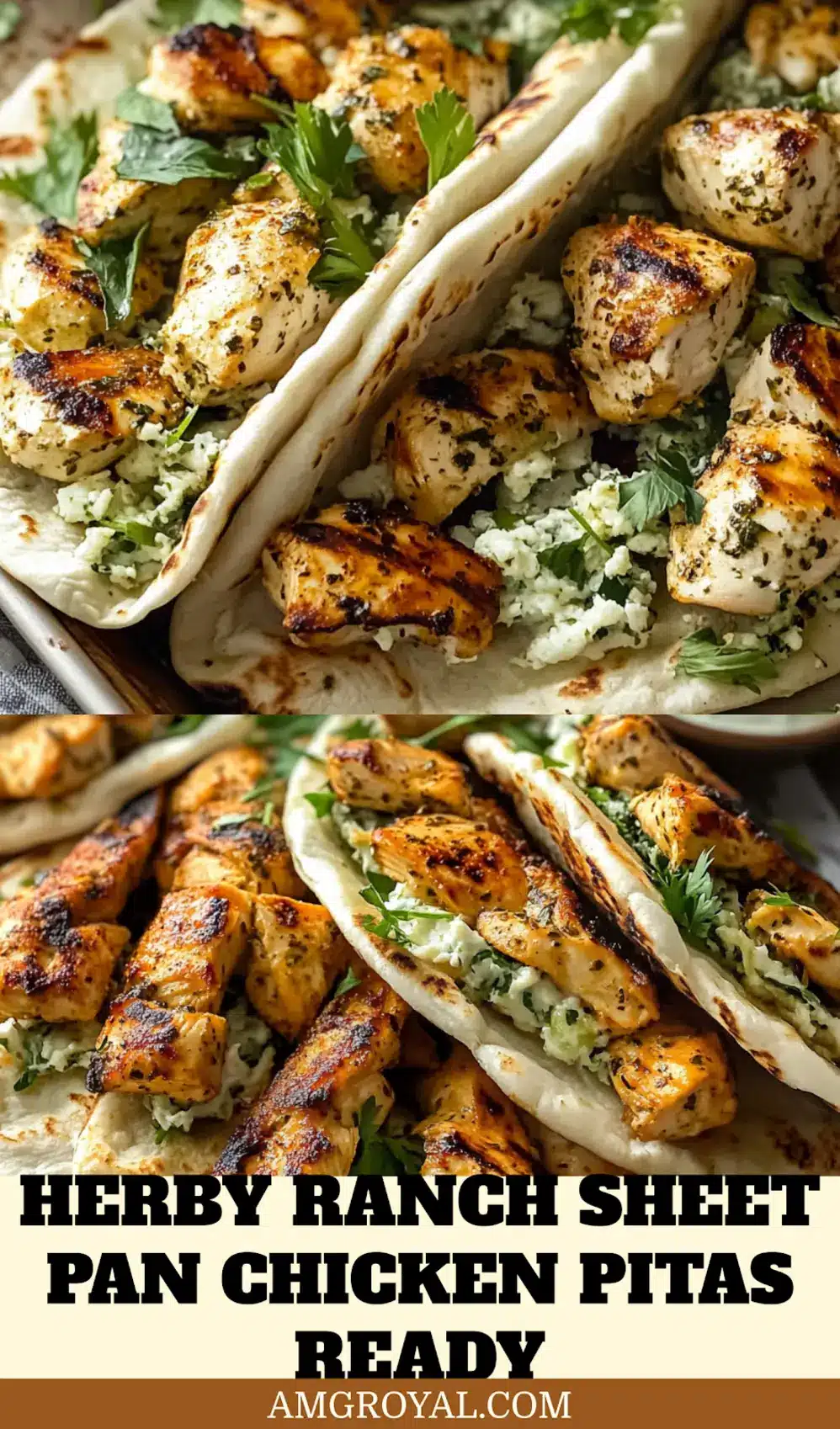 SHEET PAN CHICKEN PITAS WITH HERBY RANCH centered hero view, clean and uncluttered_pin