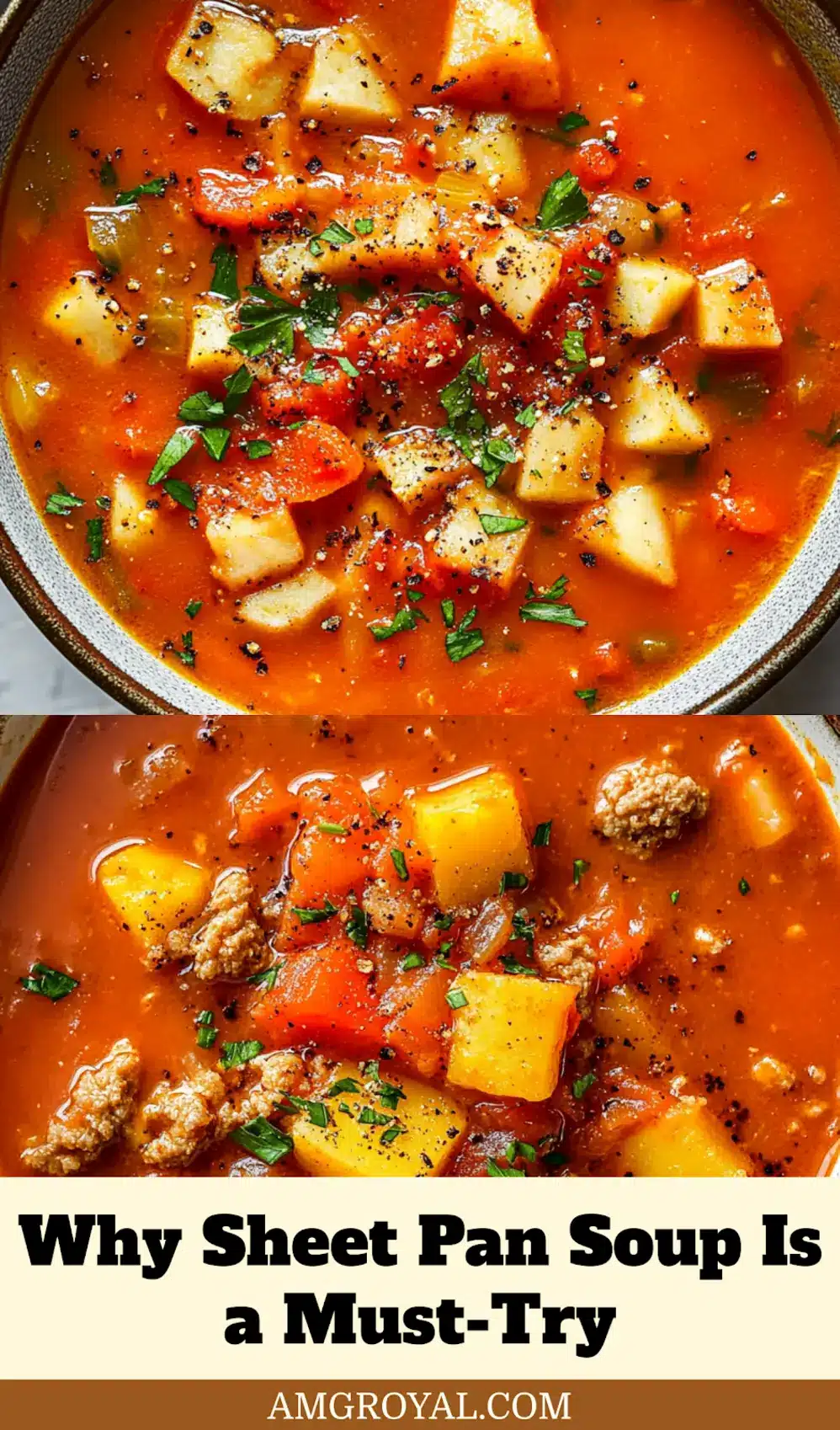 A warm bowl of sheet pan soup, garnished with fresh herbs and a swirl of cream, ready to be served