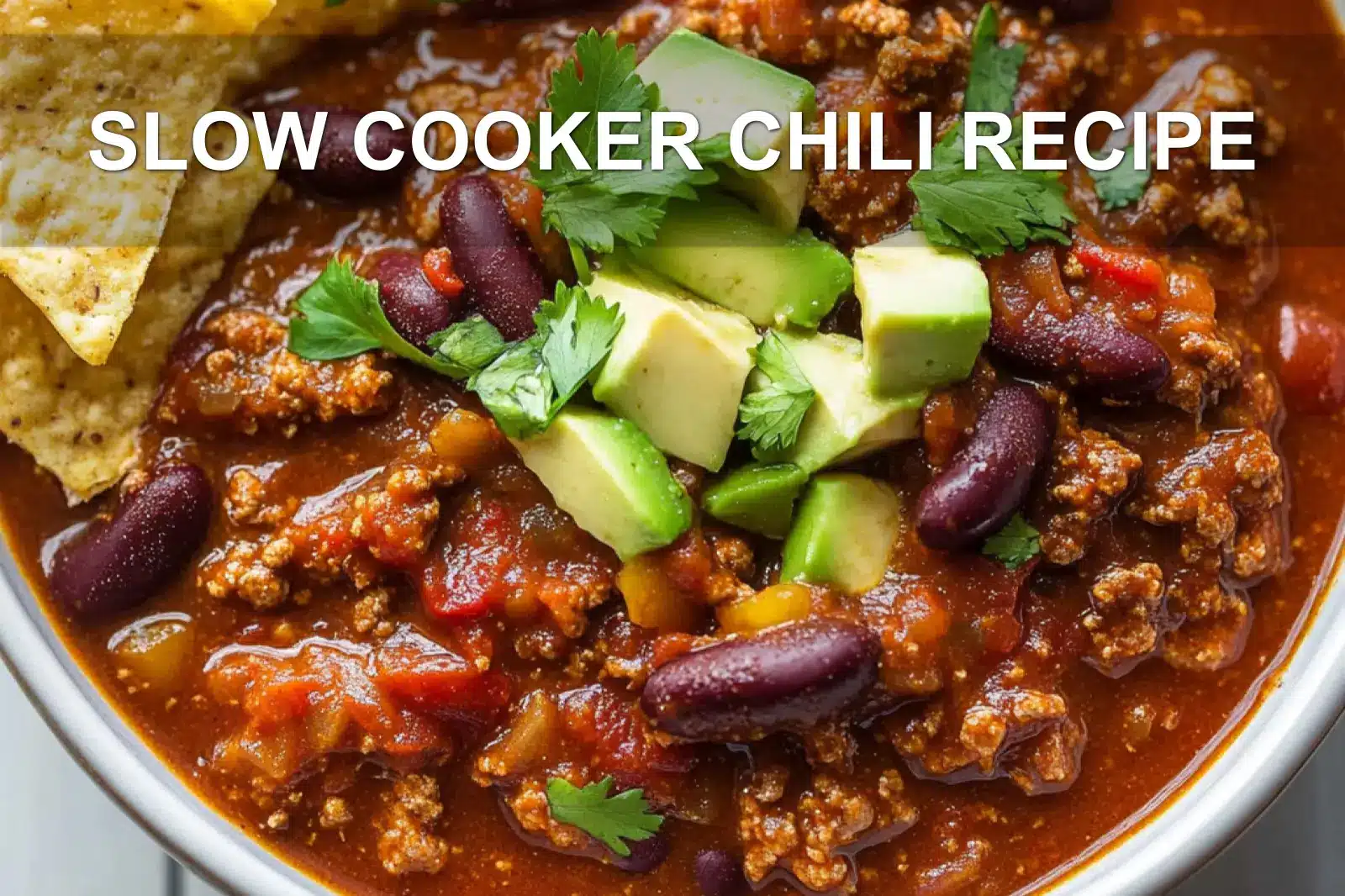 SLOW COOKER CHILI RECIPE centered hero view, clean and uncluttered
